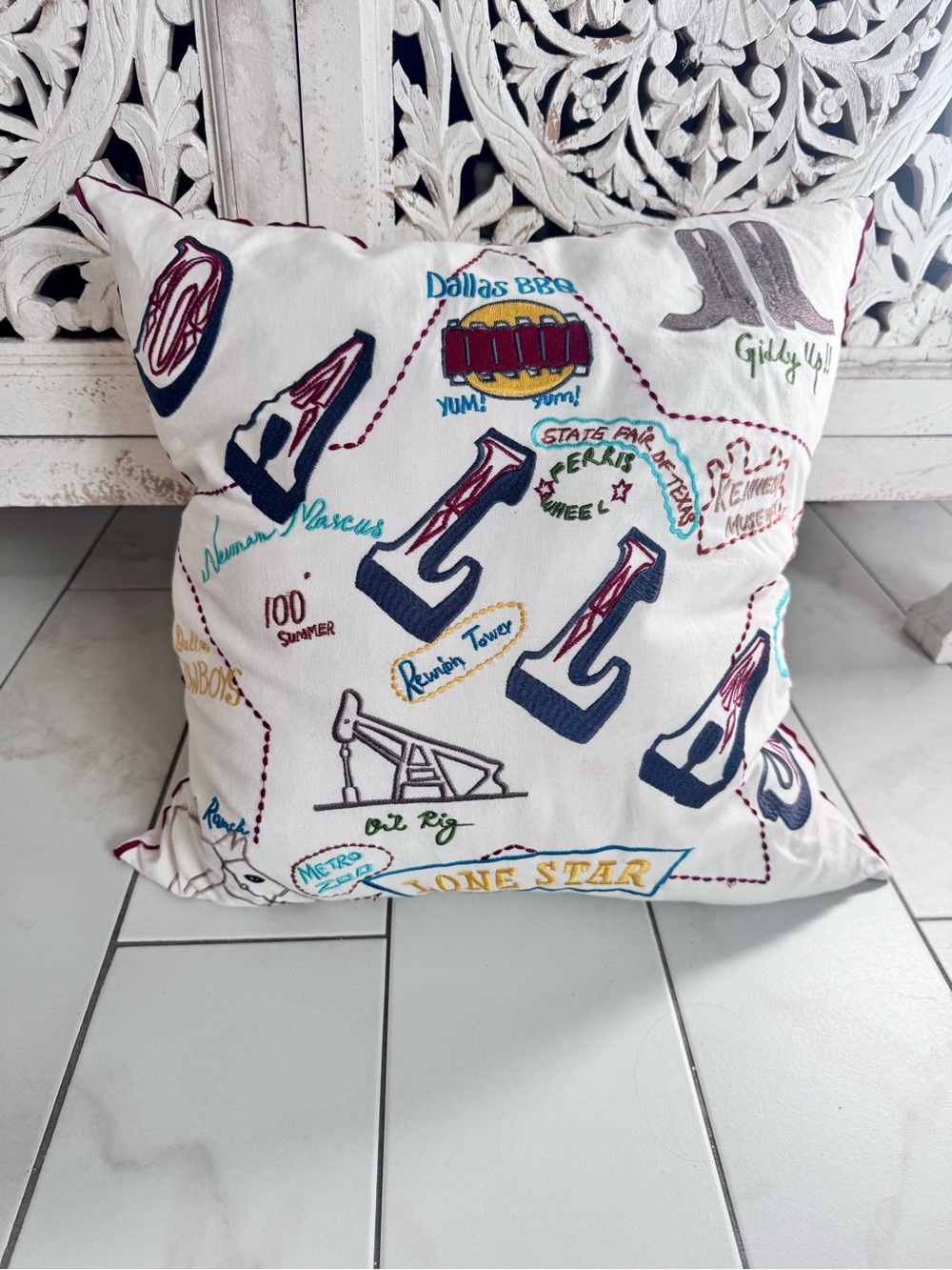 Dallas Lone Star Decorative Throw Pillow - White with Multicolor Embroidery